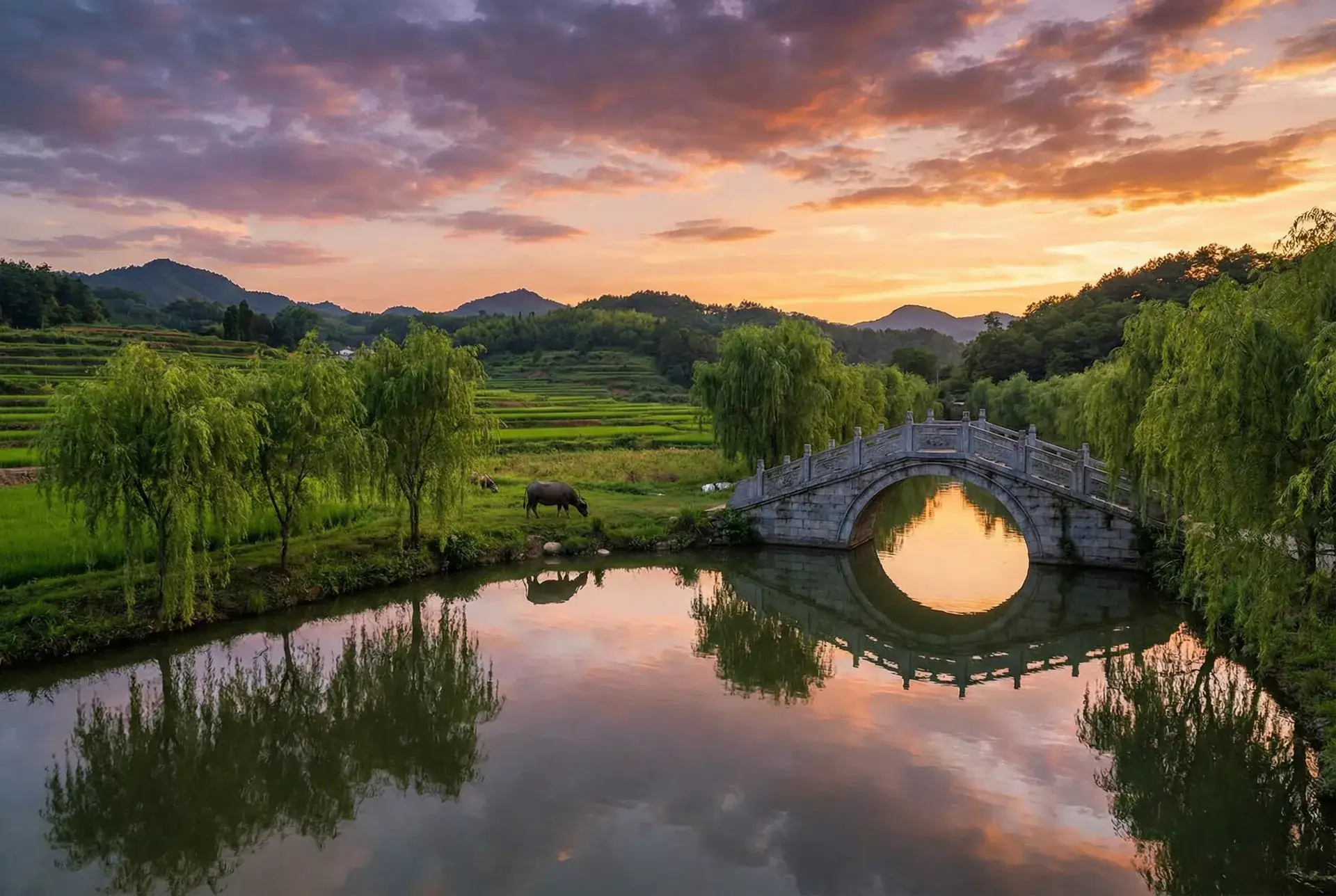 夕阳下的石拱桥与垂柳，水牛在河边吃草 - 爱琴岛论坛线路 乡村美景